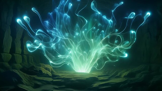 Glowing blue plasma-like eruption inside dark cavern with jagged stone walls and misty floor
