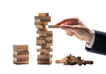 woman's hand in a dark suit cuff removing a key pine block from an unstable tower of blocks, surrounded by stable and collapsed piles, high-key studio background, strategic risk management concept