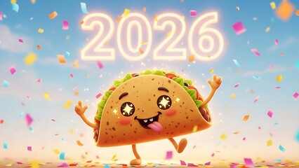 A cheerful taco illustration celebrates in a colorful confetti-filled festive scene with the year 2026.