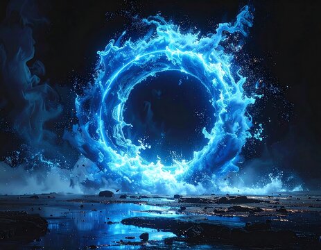 A luminous blue ring of energy bursts from the water. Dramatic lighting creates reflection and surrounding mist. Abstract and mystical - Powered by Adobe