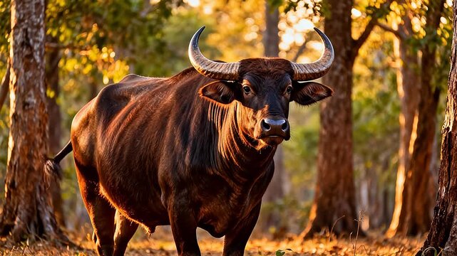 Bull with large horns in forest