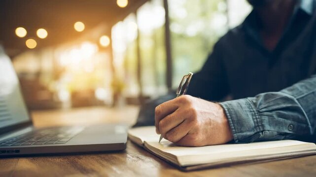 Graphic artist reviewing digital newsletter templates on a laptop while taking notes in a cozy workspace with natural light.