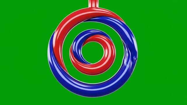 Isolated three dimensional rendered stylized symbolic red and blue spiral turning smoothly on a chroma key vibrant green screen background for easy keying chroma key, motion graphics, visual effect