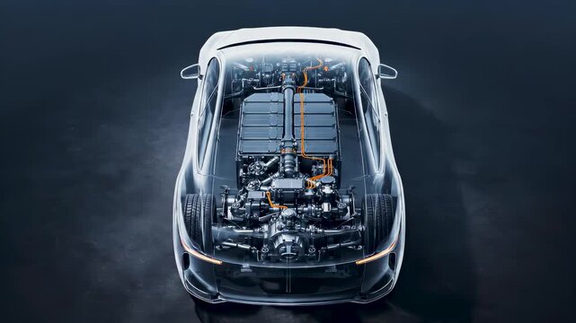 Top-down x-ray view of an electric car showing battery pack, electric motor, drivetrain, suspension, and wiring, highlighting EV technology, engineering precision, and futuristic automotive design.