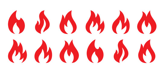 Set of 12 red flame icons isolated on white background. Vector fire silhouette variations for heat, energy, warning and safety design