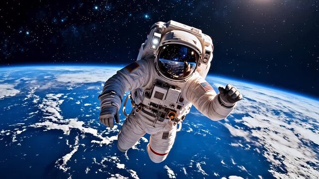 Astronaut floating in space above Earth