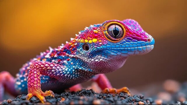 Colorful lizard on textured ground with blurred background