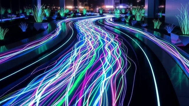Colorful Light Trails in Urban Nightscape Scene