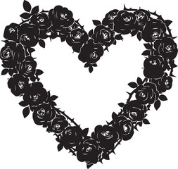 Black rose heart silhouette with thorns and leaves