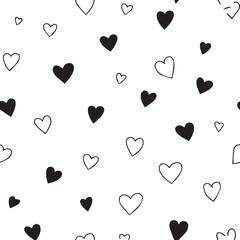 Hand drawn black and white hearts seamless pattern background