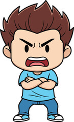 Obraz premium Angry cartoon boy with crossed arms, mad child character illustration, upset kid shouting, emotional expression vector art, colorful animated character drawing