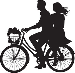 Silhouette of a couple riding a bicycle together with a basket of hearts
