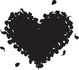 Black heart silhouette made of falling petals isolated on white background
