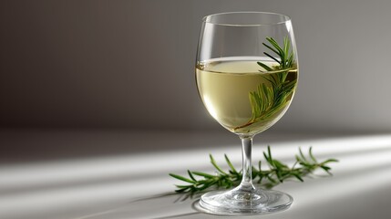 Glass of white wine with rosemary sprig on gray background with diagonal sunlight shadows minimalist still life