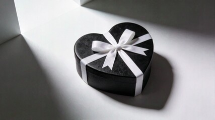 Elegant black heart shaped gift box with a white ribbon bow captured in dramatic lighting with strong shadows on a minimal grey background.