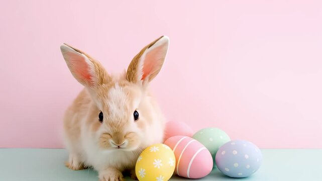 Easter bunny rabbit sitting next to colorful holiday egg. Spring celebration animal posing with pastel hunt decoration. Cute fluffy mammal on pink background for festive greeting card with copy space.