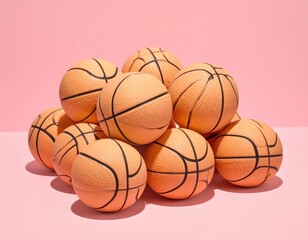 Obraz premium Pile of toy basketballs on a pink backdrop, brightly lit