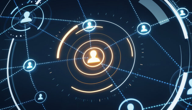 Abstract Social Network Connections Illustrated with Neon Lights and Circular Patterns, Suggesting a Futuristic and Innovative Technological Concept.  - Powered by Adobe