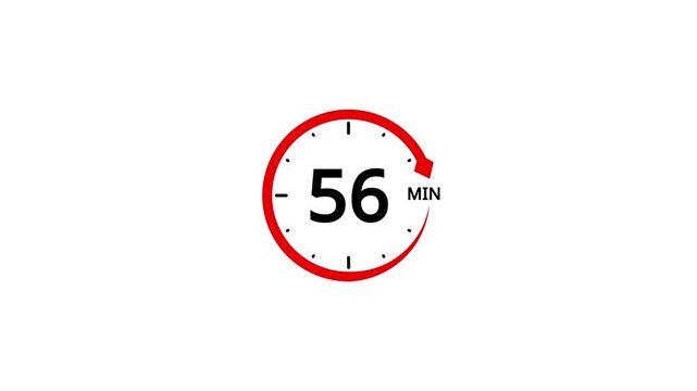 Red Circle Timer Icon Showing 56 Minutes with Arrow and Tick Marks on White Background clock countdown