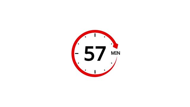 Red Circle Timer Icon Displaying 57 Minutes with Arrow and Tick Marks on White Background clock countdown