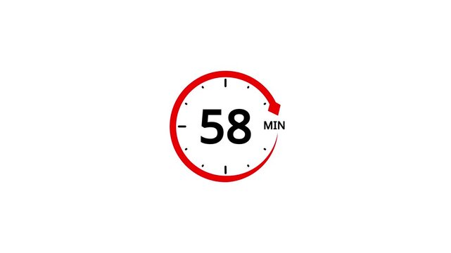 Red Circle Timer Icon Showing 58 Minutes with Arrow and Tick Marks on White Background clock countdown