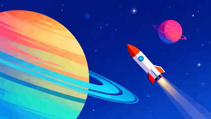 Rocket flying near colorful planets © KW