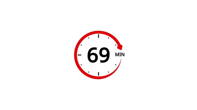 Red circle timer with number 69 and M symbol on white background clock countdown