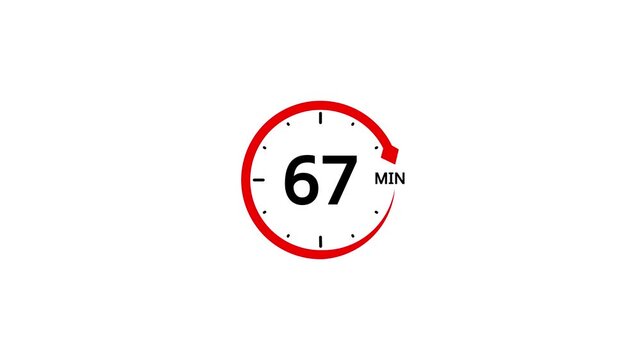 Red circle timer with number 67 and M symbol on white background clock countdown