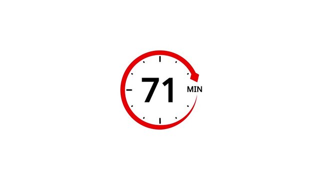 Red circle icon with number 71 and minute symbol on white background seventy one minutes
