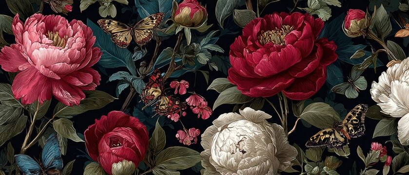 Dark Romantic Floral Wallpaper with Butterflies Elegant Peony and Butterfly Design