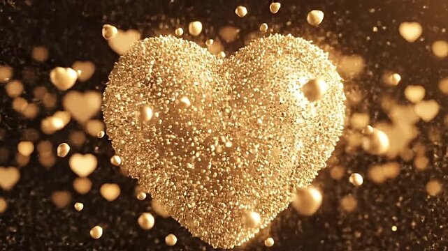 Gold heart made of sparkling beads surrounded by small heart bokeh on a dark background