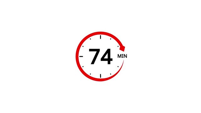 Red circle icon with number 74 and minute symbol on white background seventy four minutes