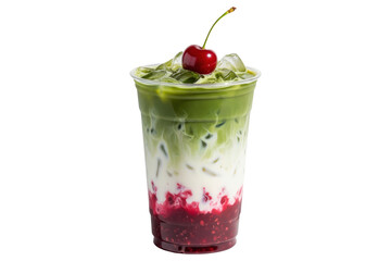 iced cherry matcha latte in a plastic cup with milk swirls, berry syrup base, ice cubes and cherry garnish, isolated cutout