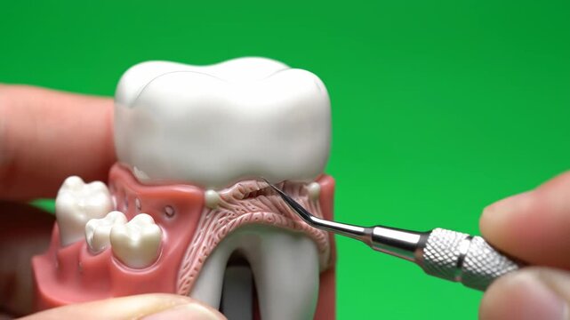 Isolated view of a sharp silver dental elevator instrument carefully severing the periodontal ligament from the anatomical tooth model on a solid green screen dentistry, metal, technology
