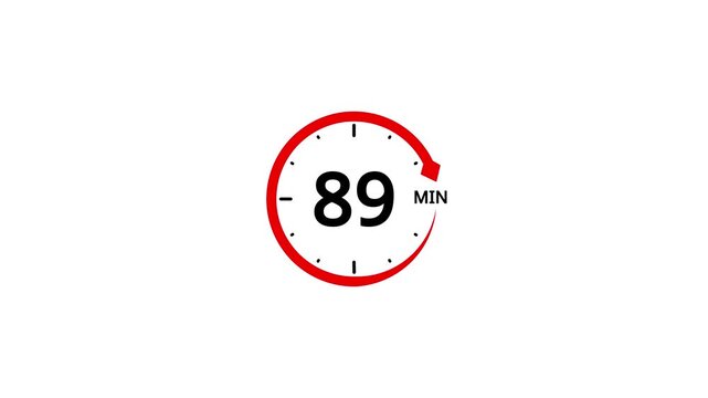 Red circle timer with number 89 and minute symbol on white background clock countdown