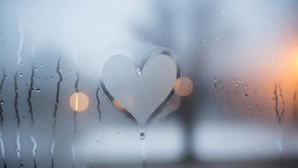Heart drawn on a steamy window pane with raindrops and blurred bokeh lights, evoking love and winter.