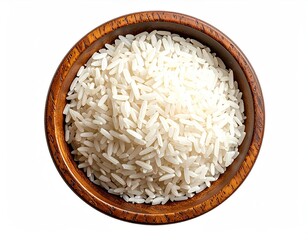 Overhead shot of white rice grains filling a round wooden bowl