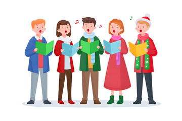 Fototapeta premium Carollers' Joy: A group of cheerful carolers, adorned in festive attire, stand united, their voices blending in a harmonious symphony as they spread joy through music. 