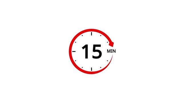 Red circular timer icon with number 15 and minutes abbreviation on white background 15 minutes clock