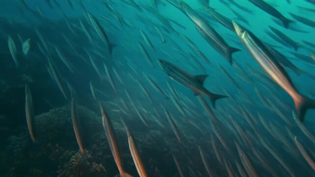 Action underwater perspective of a predatory barracuda charging through a swirling shoal of baitfish, 3D render.