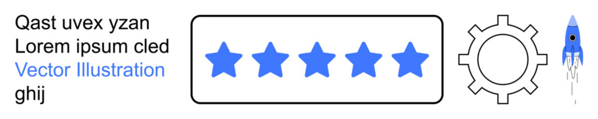 Obraz premium Customer reviews, innovation, technology, progress tracking, product rating, service optimization. Blue stars, gear icon and blue rocket growth and achievement. Customer reviews and progress
