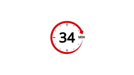 Red circle timer icon with 34 minutes displayed on white background clock