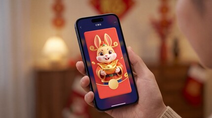 A person skillfully operates a modern smartphone, showcasing a vibrant display adorned with imagery related to the Chinese New Year, creating an atmosphere of festive joy.