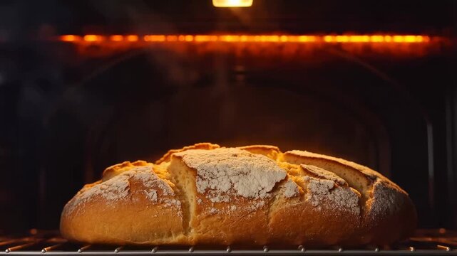 Freshly baked bread rising in oven with golden crust under warm light
