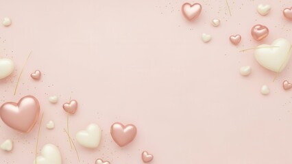 Rose gold hearts scattered on pale pink surface with golden confetti
