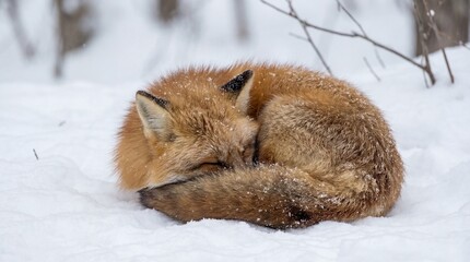 A serene winter scene unfolds as a cozy fox curls up in a snowy embrace, its fur blending beautifully with the pristine snow.