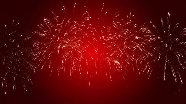 Spectacular Golden Fireworks Exploding Against a Deep Red Background, Symbolizing Joy and Prosperity for Chinese New Year, Gong Xi Fa Cai, and Lunar New Year Celebrations