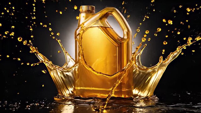 Blank gold plastic canister surrounded by motion oil liquid splash ring on black background. Engine lubricant protection, automotive maintenance, and premium synthetic fuel concept, product mockup