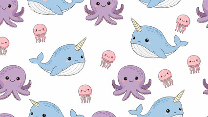 Cartoon Narwhals and Octopuses Pattern. © Amir