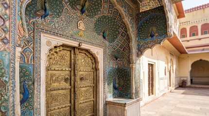 Exquisite golden door and intricate peacock motifs adorn a historic building, showcasing a stunning fusion of artistry and architectural beauty.